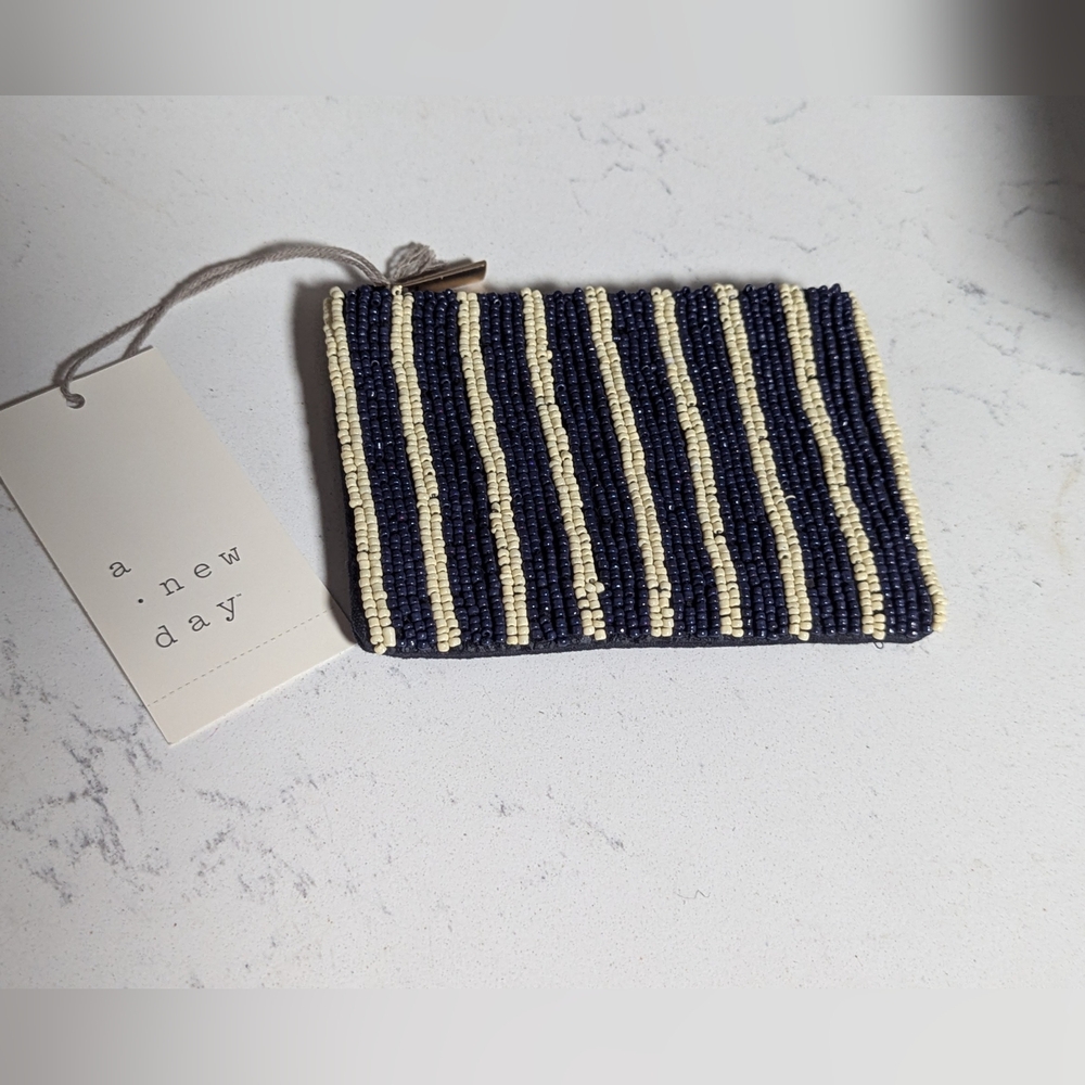 Striped Beaded Pouch White & Navy 5" x 4"